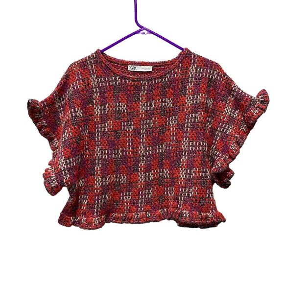 Zara Boucle Ruffle Crop Top Metallic Wool Blend Women’s Sz M - Picture 1 of 8
